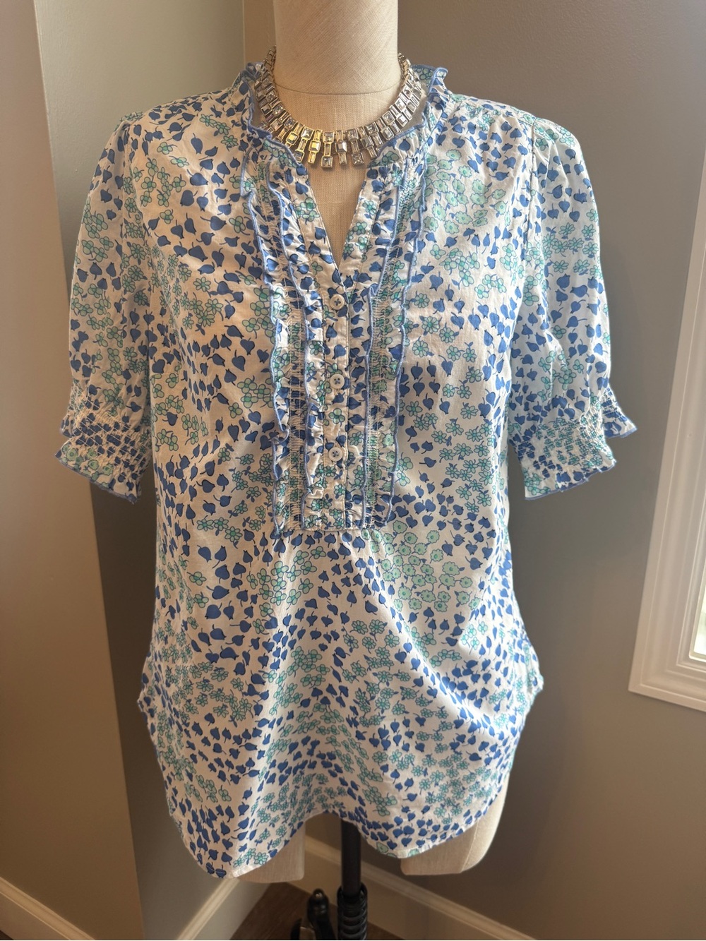 Talbots Blue & White Floral Ruffle Henley Blouse